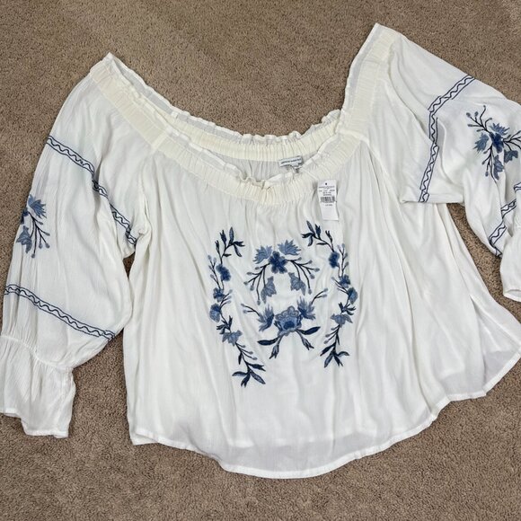 American Eagle Shirt Womens XXL White Embroidered Bohemian Off Shoulder Crop NWT - Picture 3 of 11